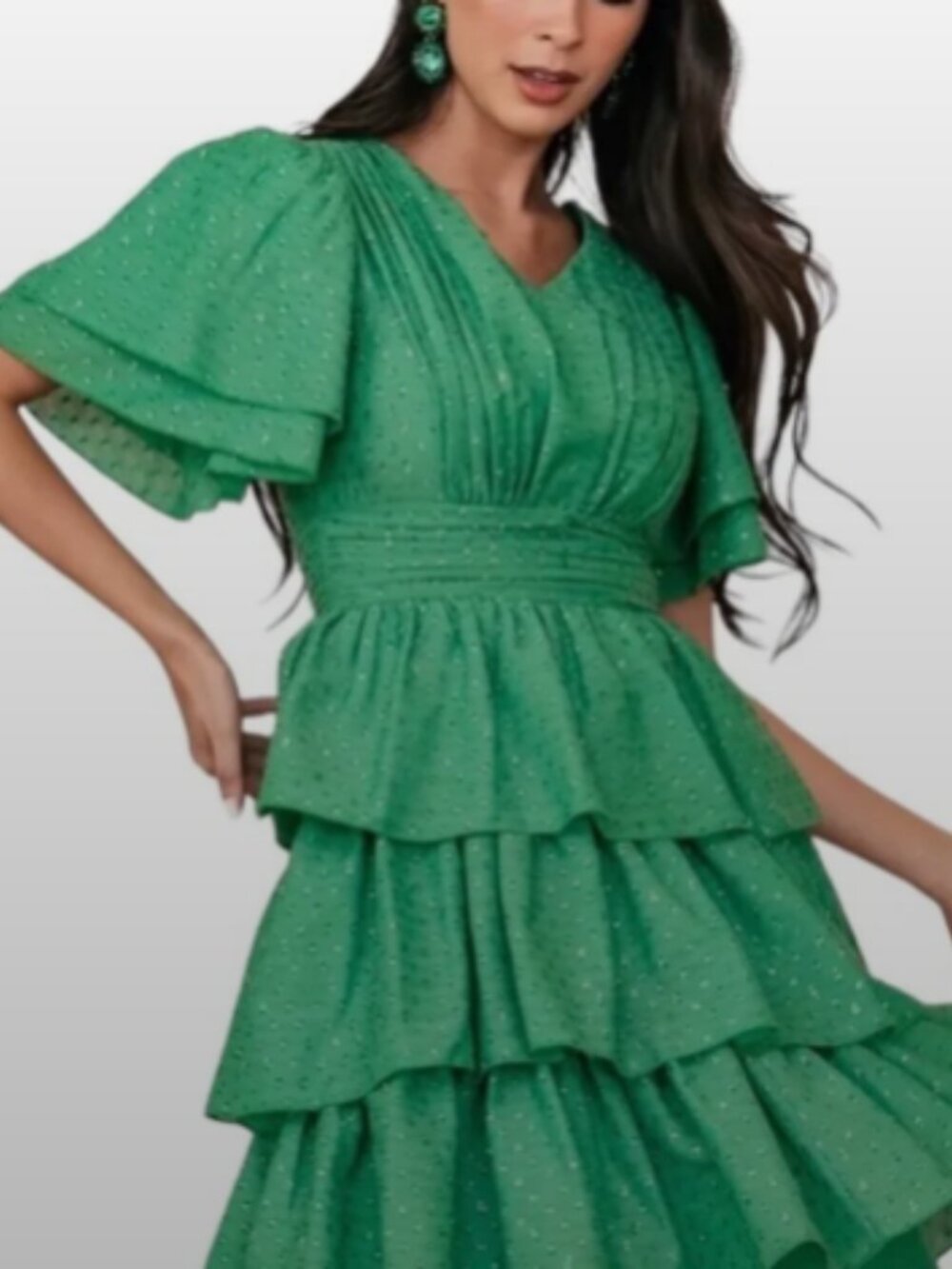 ✨ JessaKae "Selena" Shimmer Green Swiss Dot Tiered Ruffle Mini Dress Size L ✨